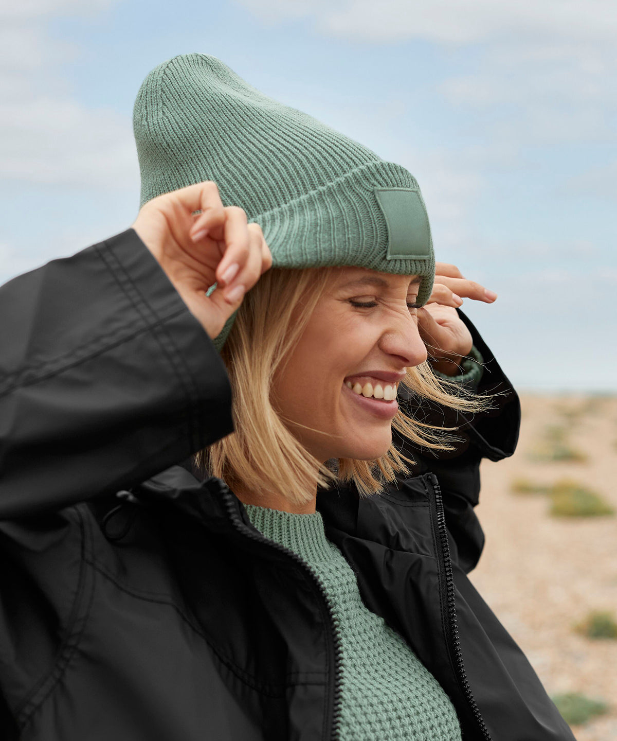 Deep-cuffed tonal patch beanie