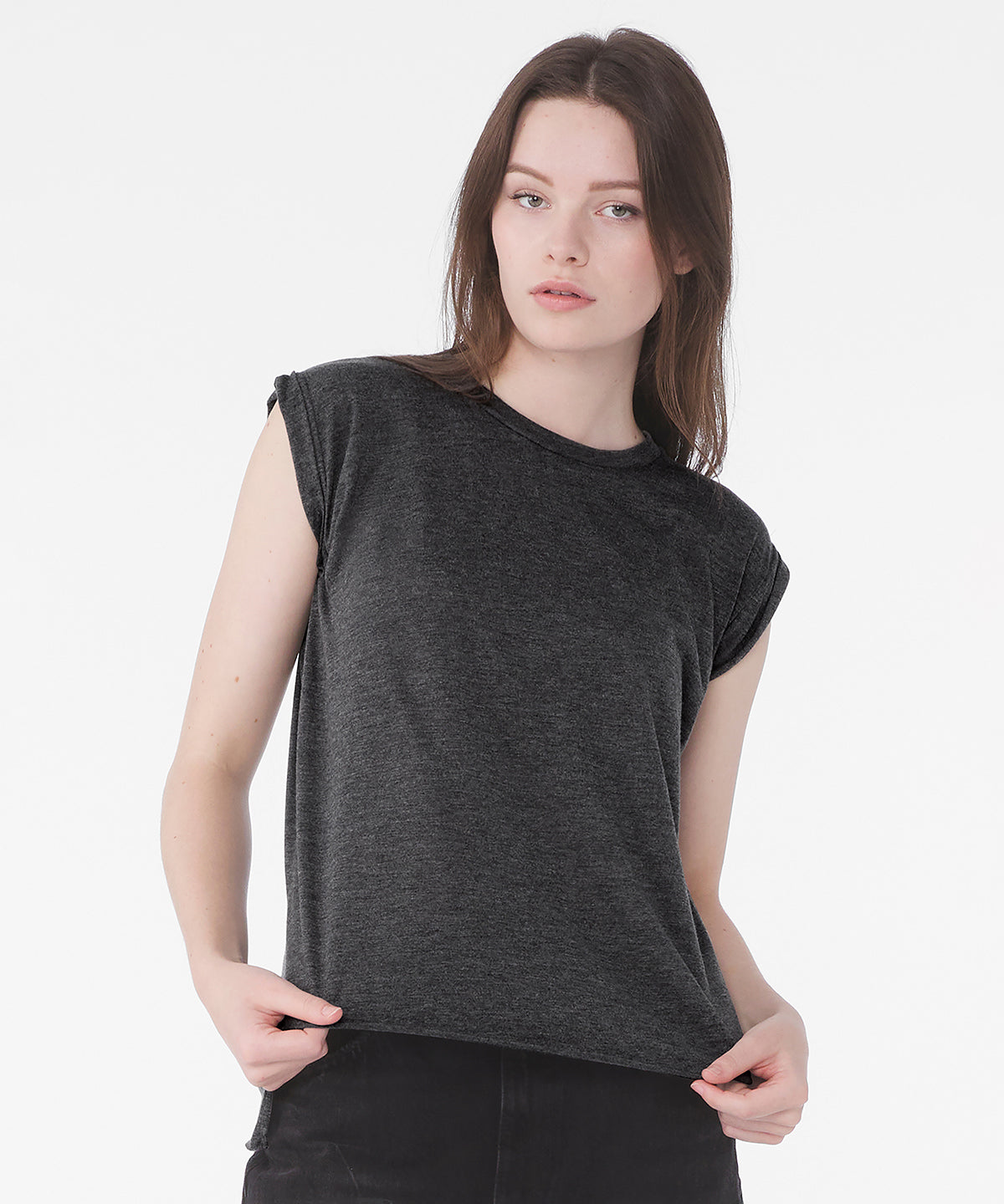 Women's flowy muscle tee with rolled cuff