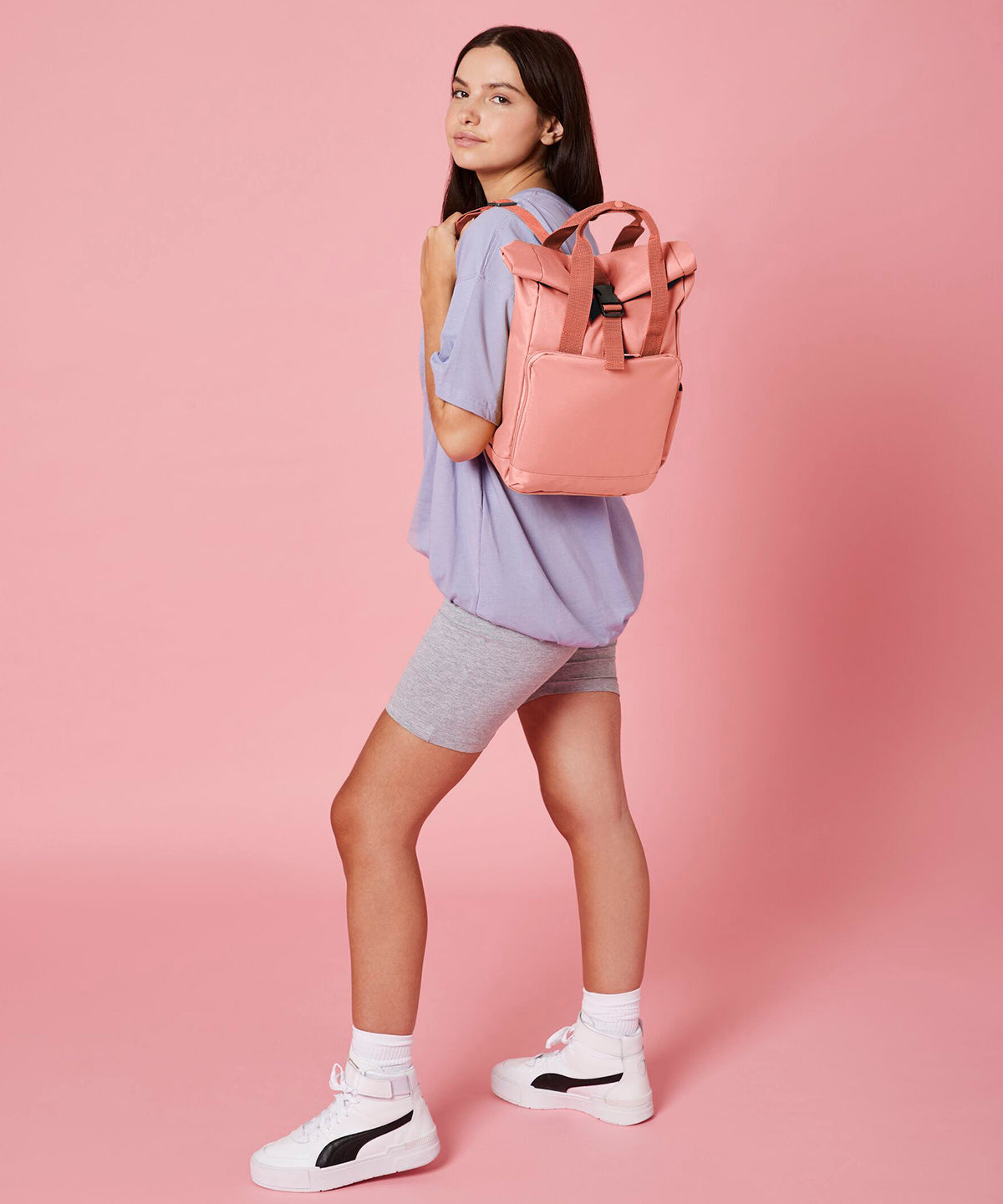 Recycled mini twin handle roll-top backpack