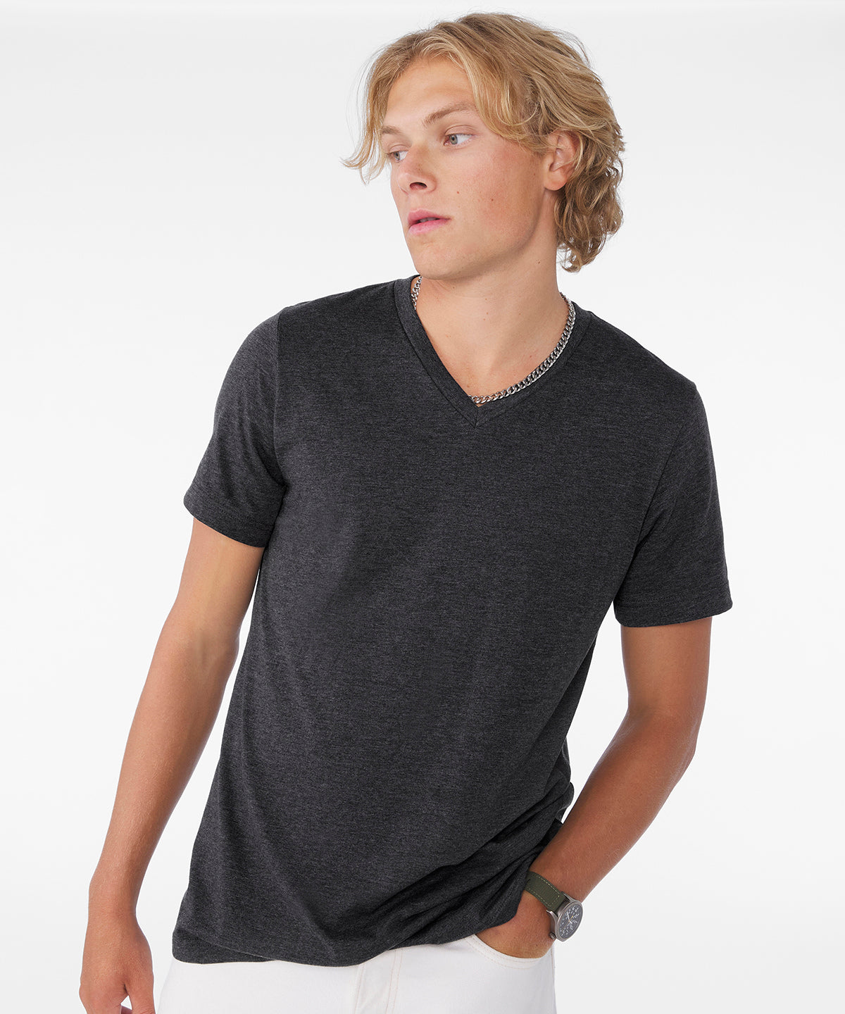 Unisex heather CVC short sleeve v-neck tee