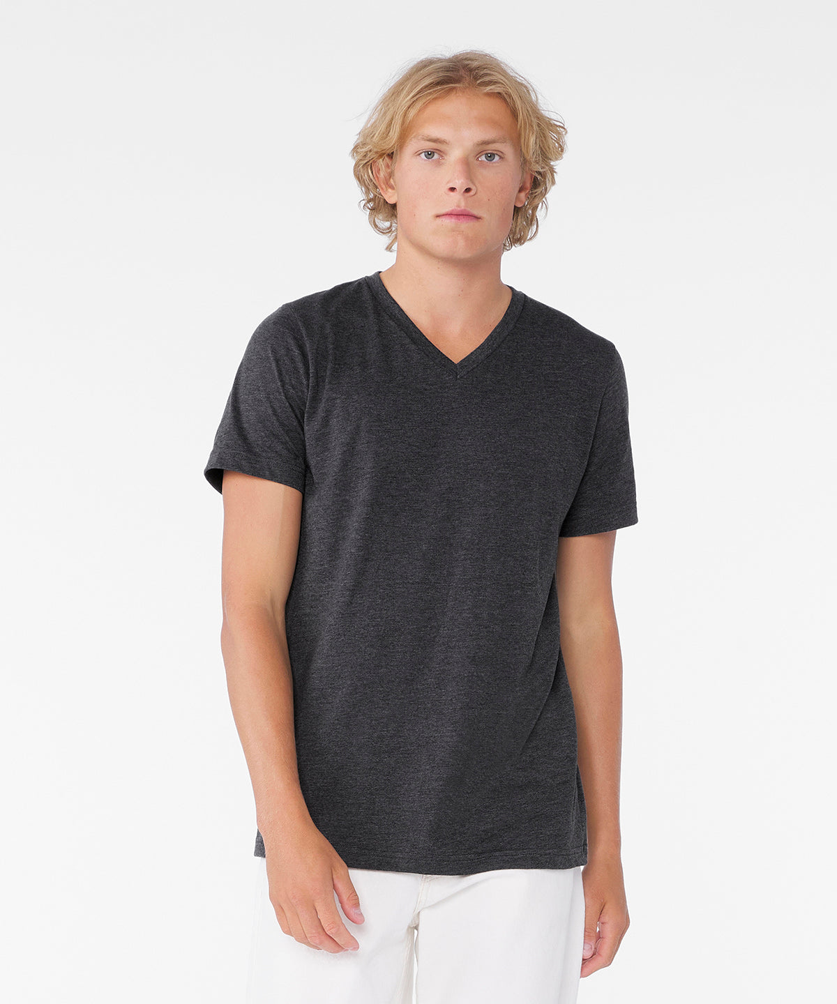 Unisex heather CVC short sleeve v-neck tee