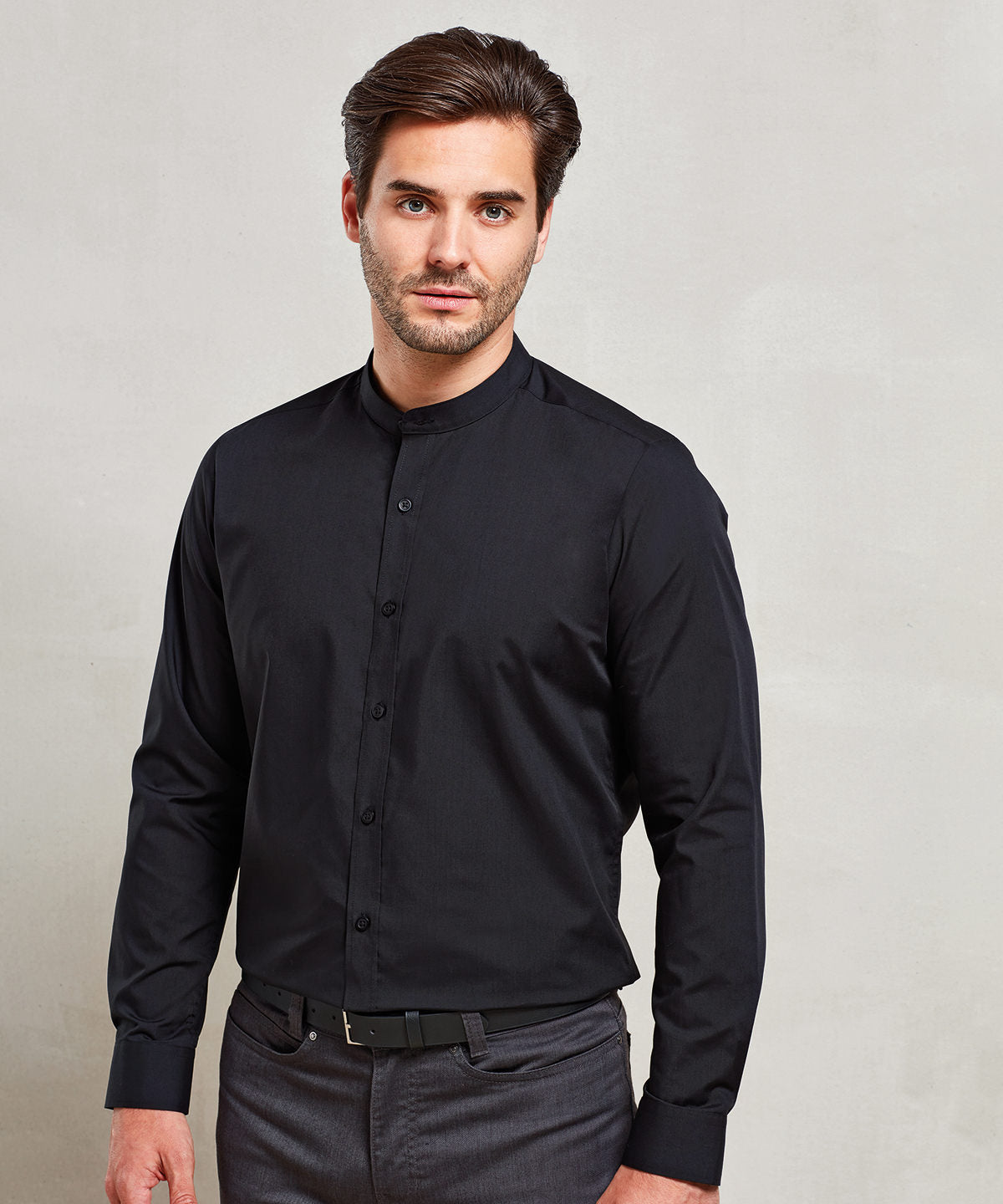 Banded collar grandad long sleeve shirt