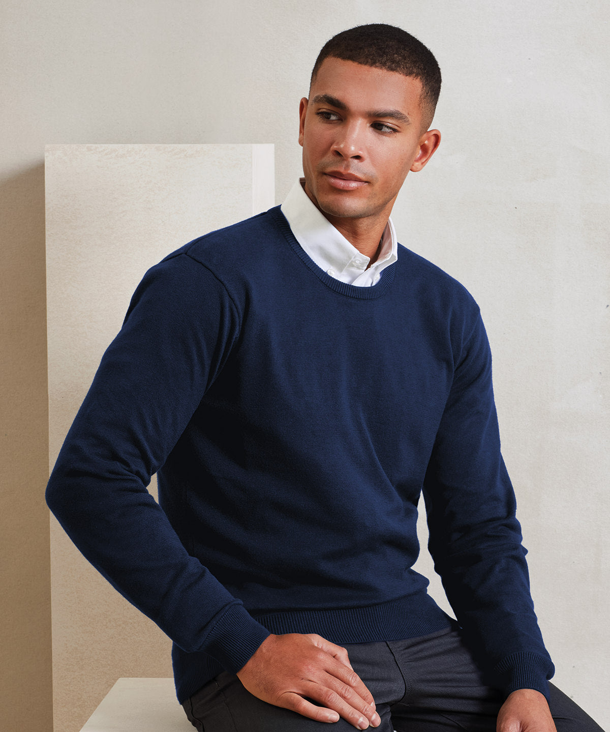 Crew neck cotton-rich knitted sweater