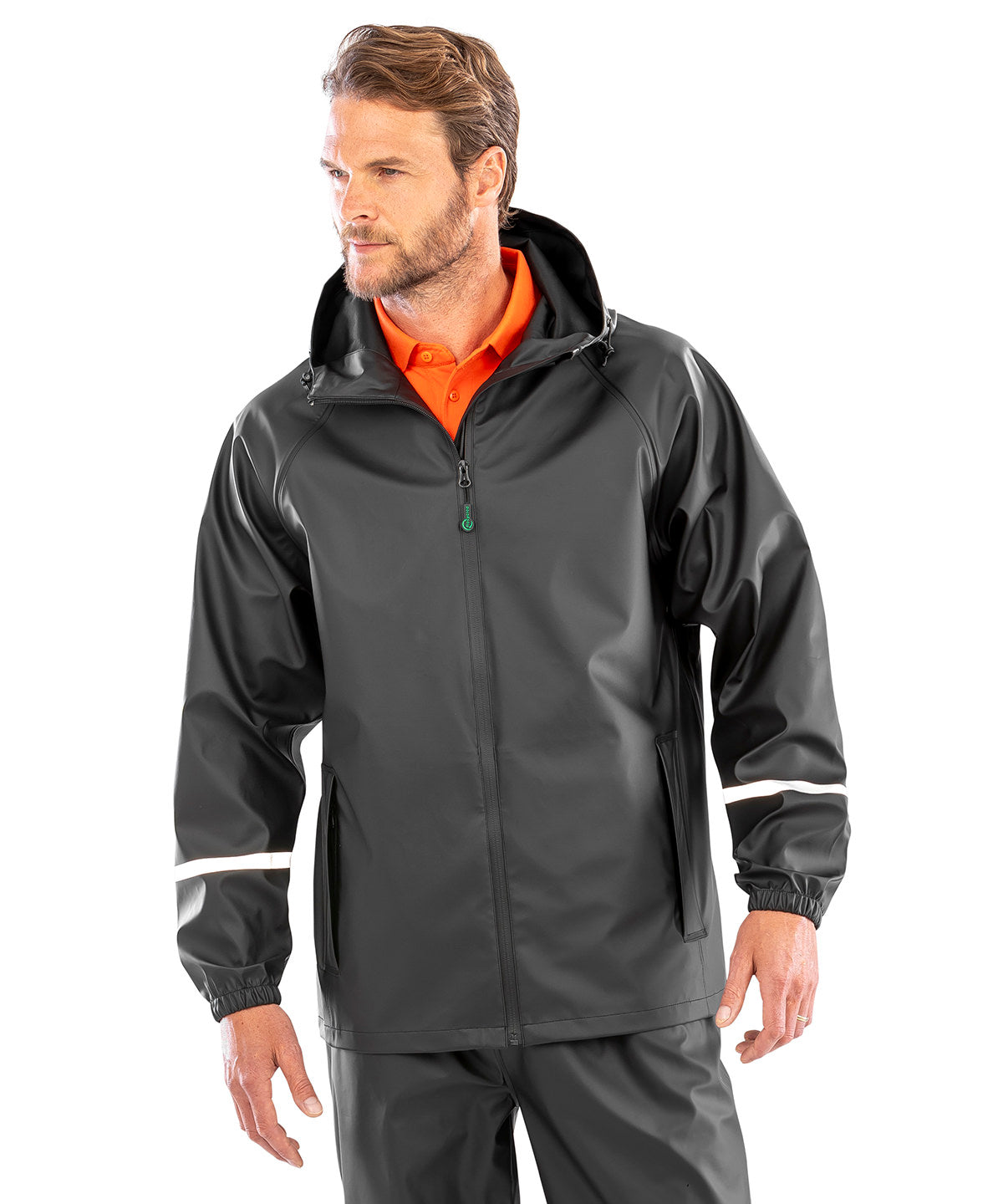 Prism PU waterproof jacket with reflective bands and recycled backing