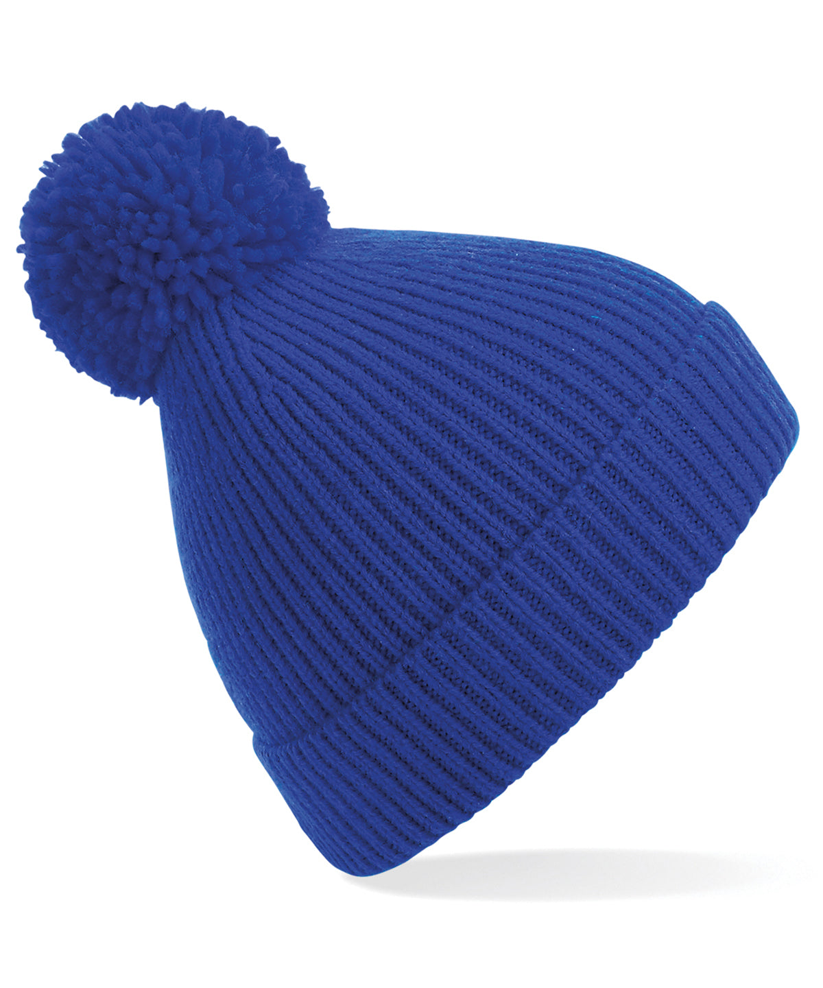 Engineered knit ribbed pom pom beanie