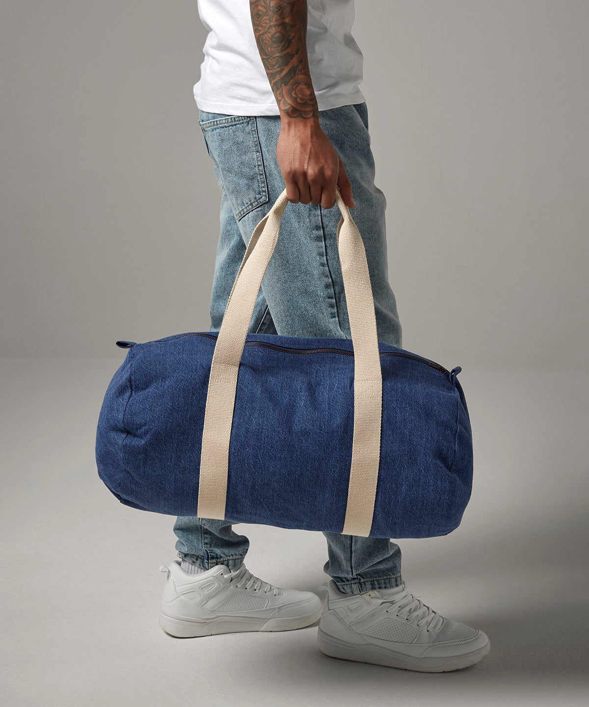 Denim barrel bag