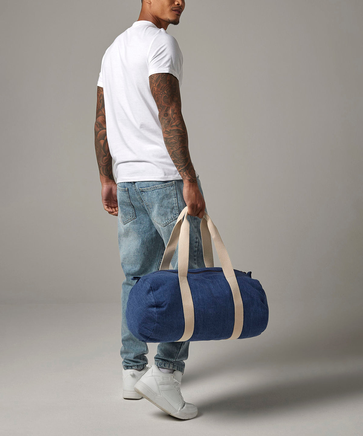 Denim barrel bag