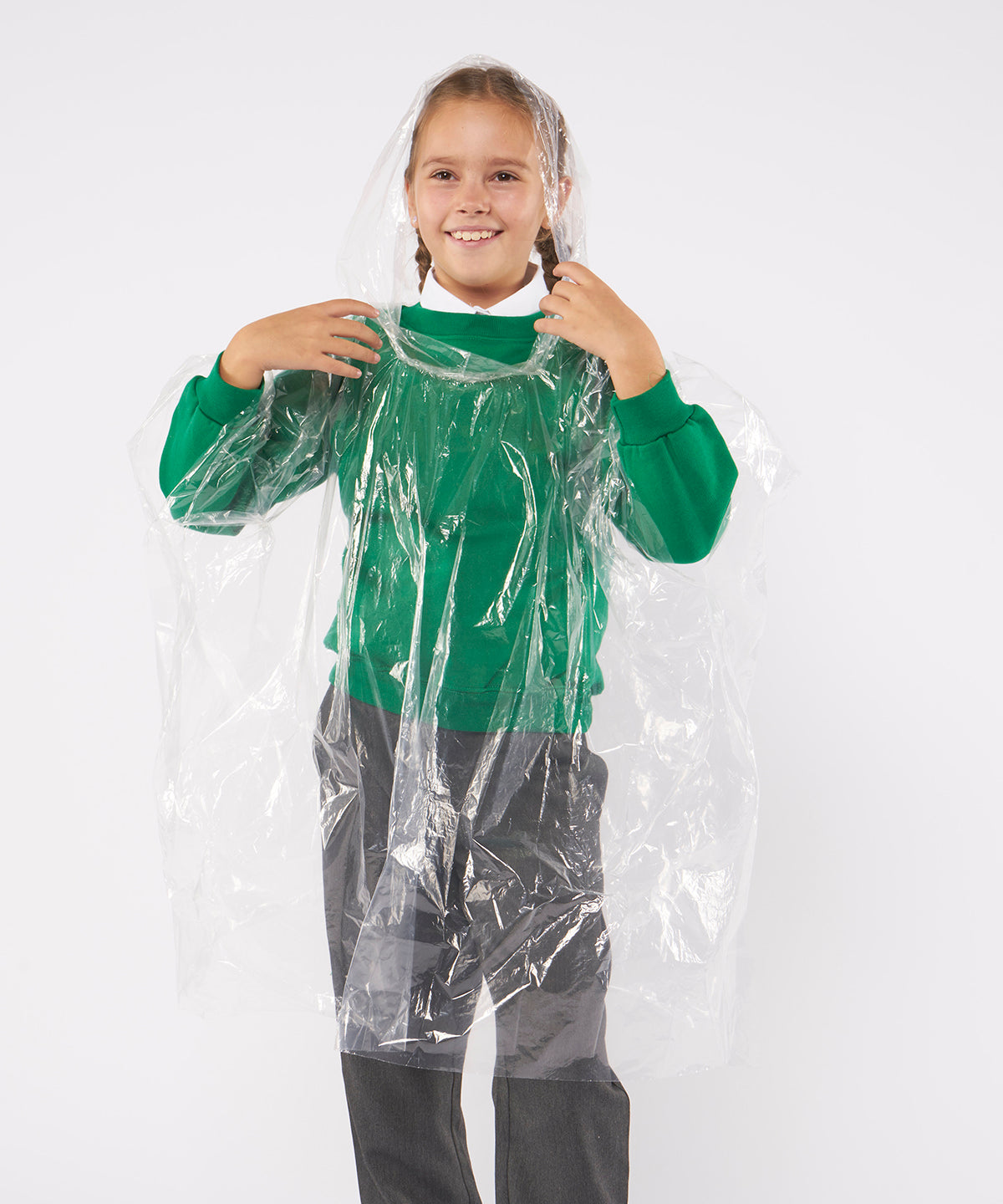 Kids emergency hooded plastic poncho