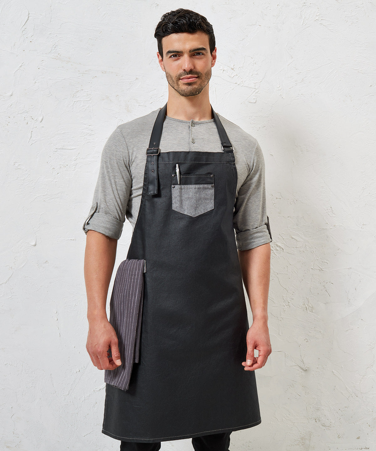 Division waxed-look denim bib apron with faux leather