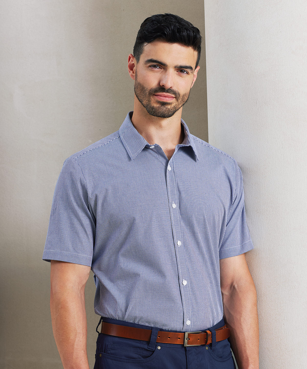 Microcheck (Gingham) short sleeve cotton shirt