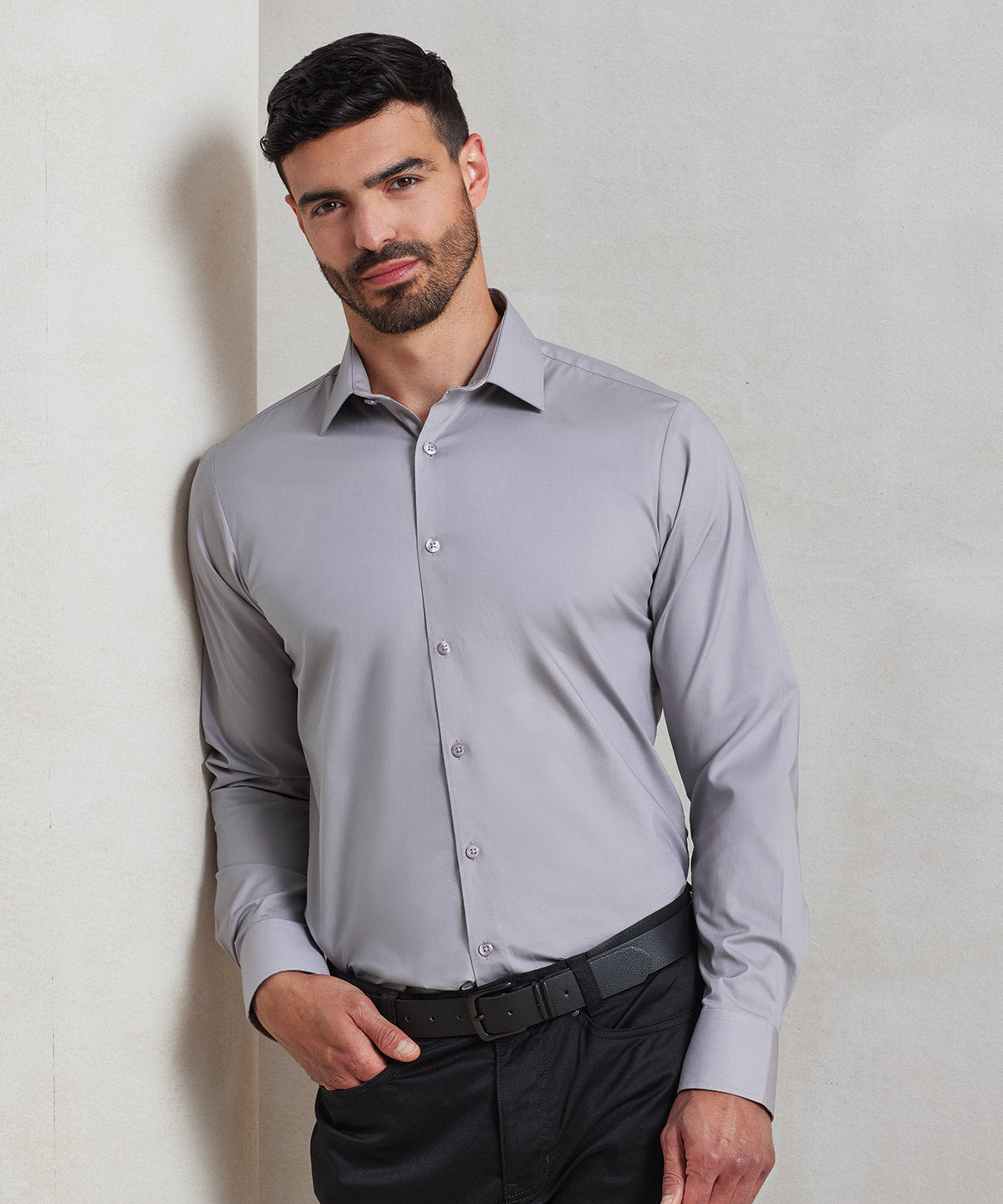 Stretch fit cotton poplin long sleeve shirt