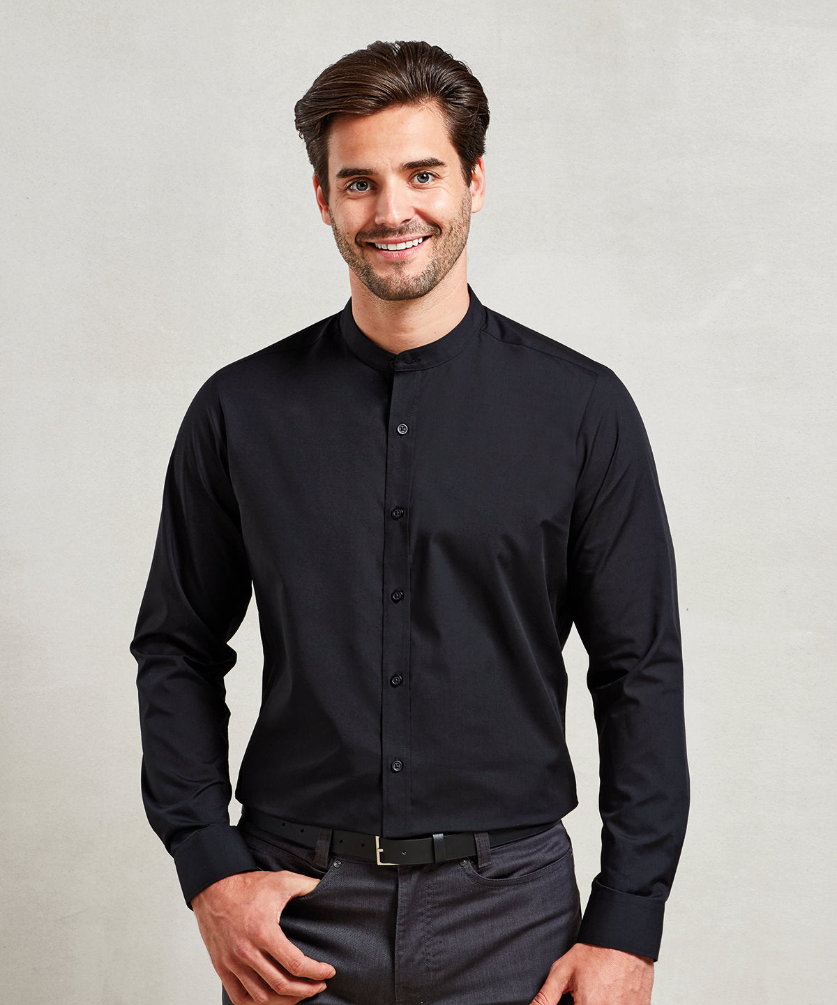 Banded collar grandad long sleeve shirt